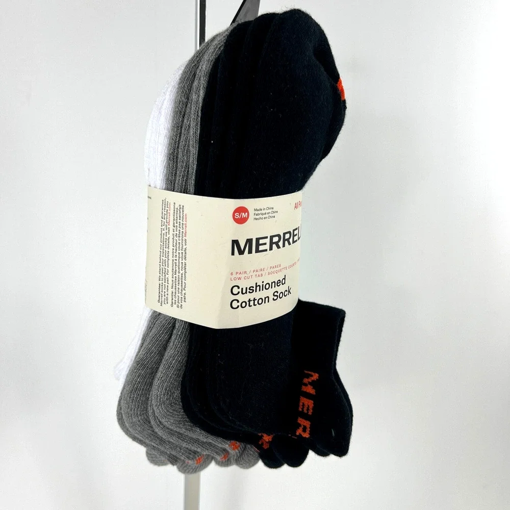 NEW Merrell Men Cushioned Low Cut Tab Socks 6 Pairs Breathable Black Gray White
